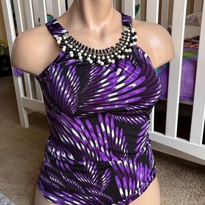 Purple & Black Patterned Tankini Top with Beaded Neckline